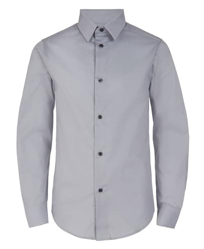Calvin Klein Boys' Long Sleeve Slim Fit Dress Shirt, Button-Down Style with Buttoned Cuffs & Shirttail Hem, Silver Metal, 12