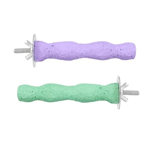 2pcs Bird Beak Grinding Stone, Resin Anti-Slip Beak Grinder Stone Bird Nail Trimming Claw Trimmer Perches Parrot Cage Stand Toys for Budgie Cockatiel Conure Parakeet Cage Accessories (Green, Purple)