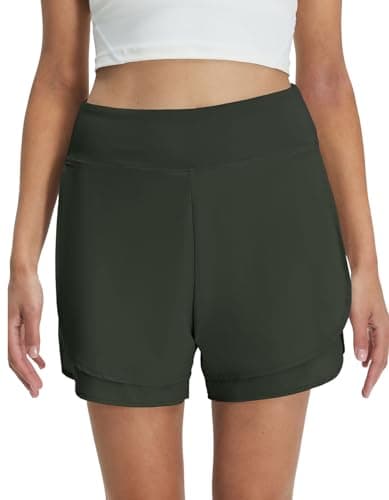M MAELREG Women's 2 in 1 Golf Shorts 4" Inseam, High Waisted Tennis Running Athletic Spandex Underneath Liner 3 Pockets Army Green