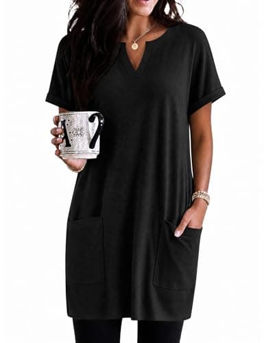 Rapbin Tunic Tops To Wear with Leggings Black Short Sleeve Ladies Tops and Blouses with Pockets T Shirts for Women XL