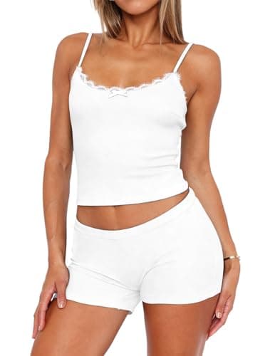 Lacozy Cute Pajama Sets for Women Pjs Round Neck Lace Cami Top and Shorts Summer Y2K Sleepwear Loungewear White L