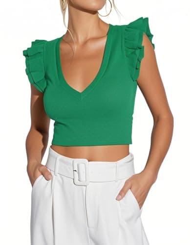 Ezbelle Women's Deep V Neck Summer Crop Shirts Tank Knit Sleeveless Tops Casual Tight Tshirt Ruffle Lounge Shirt Going Out Birthday Clothes Green XL