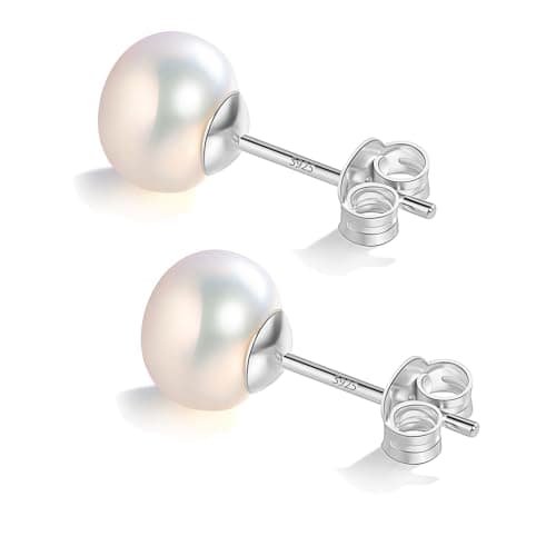 YAMI Pearl Earrings, 925 Sterling Silver Stud Earrings, Freshwater Cultured Pearl, Classic & Elegant, White Gold Plated Hypoallergenic Jewelry Gifts for Women, White 6-6.5MM