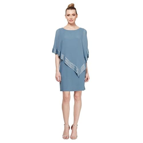 S.L. Fashions Women's Foil Cape Chiffon Dress, New Coronet Silver, 8