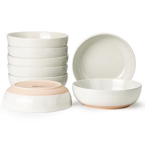 Metflavor Pasta Bowls Set of 8, 34oz Speckled Ceramic Bowls Set for Serving Salad, Pasta, Soup, Dinner, 8" Wide and Deep Bowls, Dishwasher & Microwave Safe, Matte Terracotta Base (Warm White)