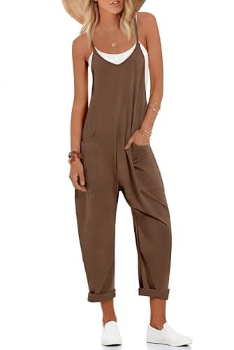 Ekouaer Jumpsuits for Women Casual Summer Overalls Sleeveless Spaghetti Strap Romper Jumpers Trendy Beach Vacation Brown M