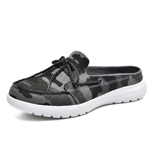 Buyrew Mules for Women with Arch Support - Lightweight Washed Cotton Sneaker Mules - Breathable Walking Flats, Comfortable Slip On Shoes for Business Casual, Office, Travel Grey Camo 7