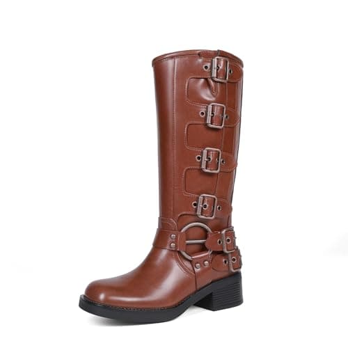 DREAM PAIRS Women's Knee High Riding Boots Side Zipper Motorcycle Boots Square Toe Chunky Heel Fashion Buckles Biker Boots,Size 7,Brown,SDKB2416W