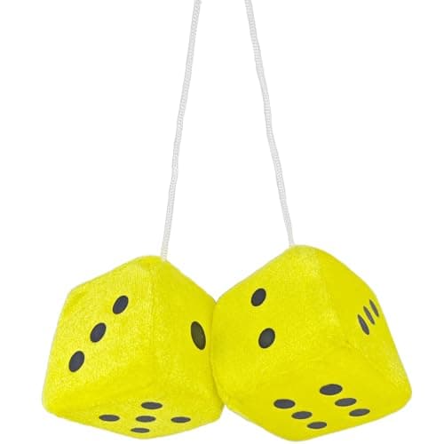 1 Pair 3” Yellow Fuzzy Plush Dice Classic Vintage [Nostalgic 80’s Fuzzy Car Dice for Mirror ] for Automotive Interior Mirrors