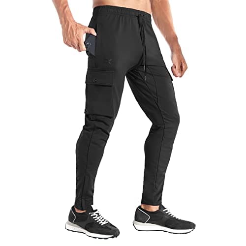 BROKIG Mens Cargo Pocket Jogger Pants Workout Sweatpant(Black,Small)