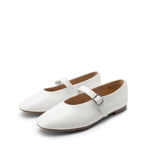 DREAM PAIRS Women's Ballet Mary Jane Flats Dress Round Toe Comfortable Casual Slip On Buckle Strap Flat Shoes,Size 9,White,DWUMFA2551