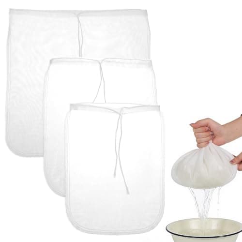 3 Pcs Nut Milk Bag, Reusable Fine Nylon Mesh Food Strainer with Stainless Steel Handle, Cold Brew Coffee Tea Greek Yogurt Filter for Almond Soy Milk Juice Cheese (8x12/10x12/13x13 Inches)