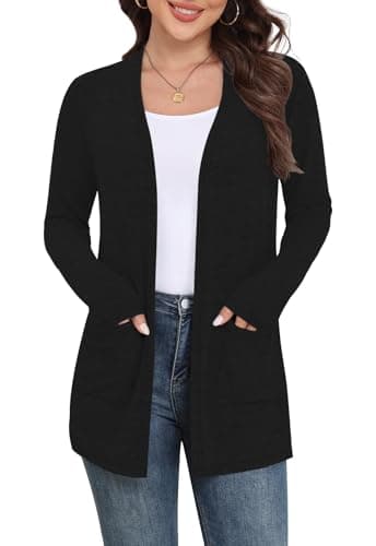 Yincro Womens Lightweight Cardigan Long Sleeve Open Front Casual Sweater Cardigans with Pockets (Black, L)
