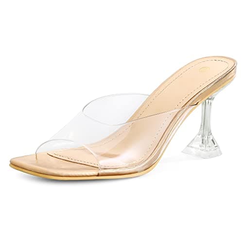 mysoft Women's Clear Heeled Sandals Square Toe Transparent Stiletto Mules Open Toe Slip on Dress Shoes