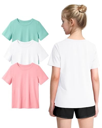KEREDA Girls Athletic Shirts Quick Dry Short Sleeve Crew Neck T Shirts, Summer UPF 50+ Tee Tops for Teen Girls 3 Pack 13-14Years White Green Pink