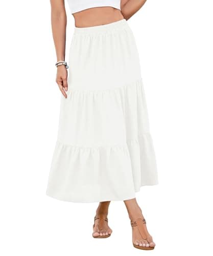 YSYOKOW Women's Boho Maxi Skirt with Pockets - Elastic High Waist Flowy Tiered A-Line Long Skirts for Summer Vacation 2026(White, XX-Large)