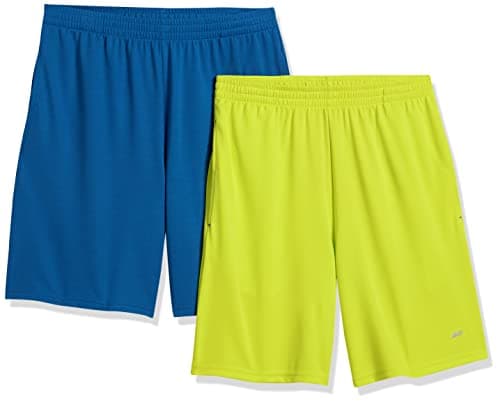 Amazon Essentials Men's Athletic Basketball Gym Shorts, Breathable Moisture Wicking, Loose-Fit Performance Tech, Pack of 2, Blue/Neon Lime Green, XX-Large