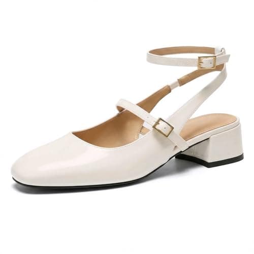 GotSoft Womens Square Toe Mary Jane Pumps Chunky Low Heels Ankle Strap Slingback Wedding Party Dress Shoes, White, Size 7.5