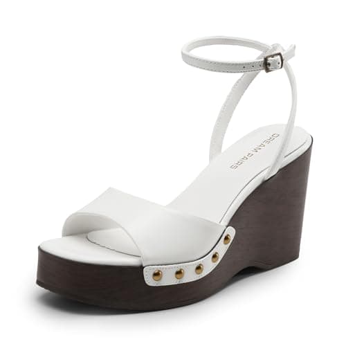 DREAM PAIRS Wedge Sandals for Women,Dressy Platform Square-Toe Ankle Buckle Studded Fashion Sandals for Summer,Size 7,White,SDWS26001W