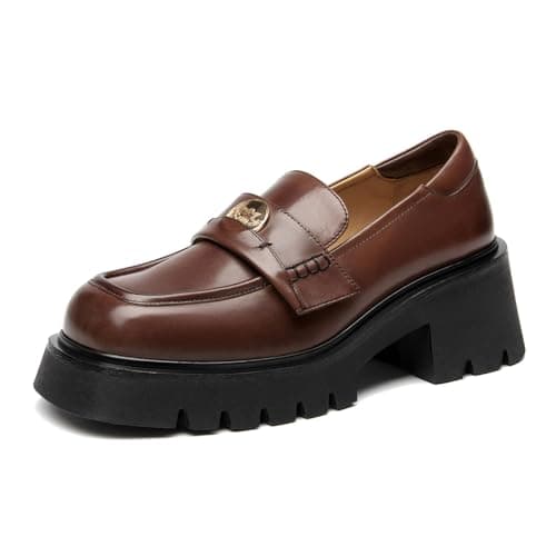 BEAU TODAY Chunky Loafers Women, Platform Penny Loafers for Women, Business Classic Lug Sole Leather Shoes, Casual Comfortable Slip-on Dress Shoes Wine-B US 6.5
