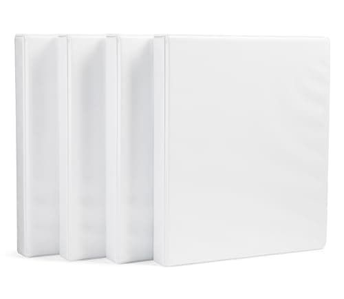 Amazon Basics 3-Ring Binder with Round Rings and Interior Pockets, 1-Inch, White, 4-Pack