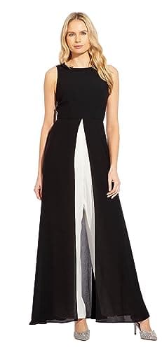 ADRIANNA PAPELL Women's Crepe Overlay Jumpsuit | Formal One Piece Jumpsuit with Color Blocked Design & Wide Leg Pants, Black/Ivory, 6