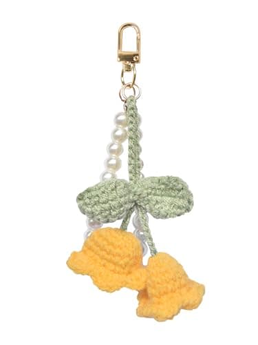 KeYaMee Crochet Flower Keychain with Pearl Bead Chain Handmade Knit Pendant