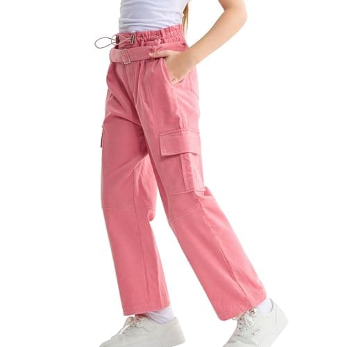 Rolanko Girls Corduroy Cargo Pants Wide Leg Y2K Cargo Trousers with Belt Streetwear Kids Pants Joggers (Pink, 8-10)