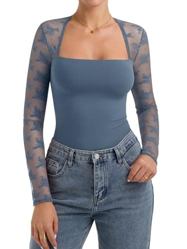 PINKMSTYLE Long Sleeve Shirts for Women Slim Fitted Double Lined Square Neck Fall Trendy Y2K Going Out Tops Pigeon Blue X-Large