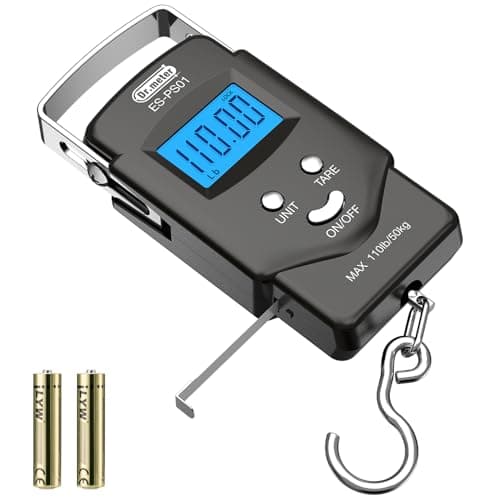 Dr.meter Fish Scale Luggage Scale Fishing Gear - 110lb/50kg Backlit LCD Display Digital Scale with Built-in Measuring Tape - Fishing Scale with 2 AAA Batteries, Pocket Size - Fishing Gifts for Men