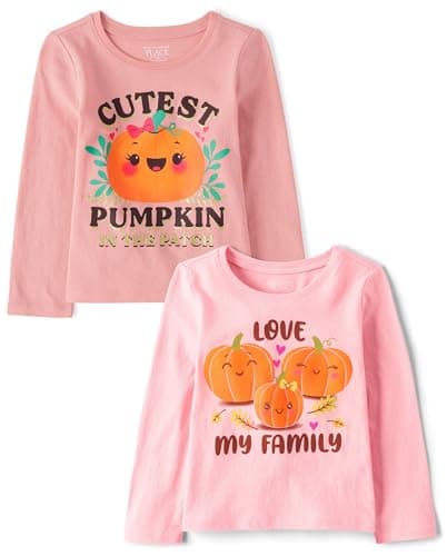 The Children's Place Baby-Girls and Toddler All Holidays Long Sleeve Graphic T-Shirts,Multipacks Cute Pumpkin/Love Fam 2-Pack 2T