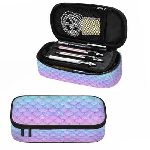 Xuwenz Mermaid Scales Pencil Case Organizer Pink Blue Fish Scales Glitters Line Underwater Sea Stationery Box Makeup Box School Supply for Boy Girl Men Women