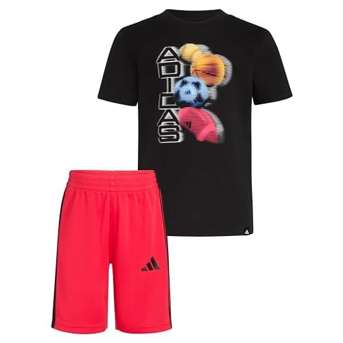 adidas Boys' Short Sleeve Cotton Tee Shirt and Logo Short Set, Black, 2T