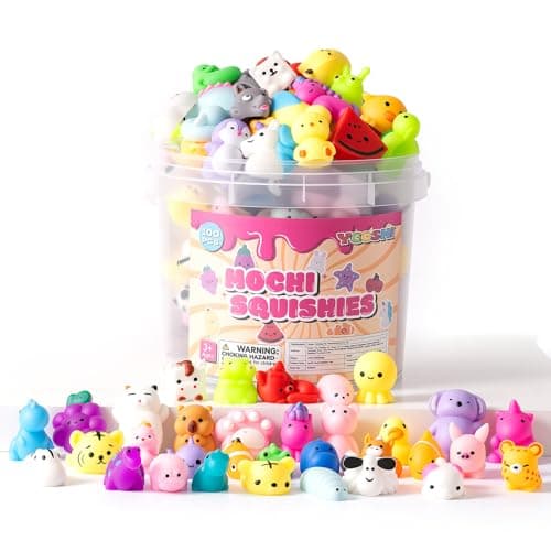 25 Pack Squishy Toys, Mochi Squishy Animals for Kids, Kawaii Slow Rising Squishies, Cute Sensory Fidget Toys for Kids, Party Favors, Treasure Box Prizes, Classroom Prizes in Storage Bucket
