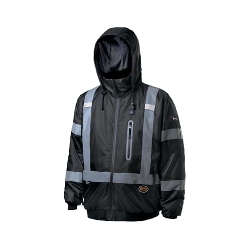 Pioneer Hi Vis Waterproof Heated Safety Bomber Jacket - Class 1 Winter Rain Gear for Men - Reflective Tape - Detachable Hood