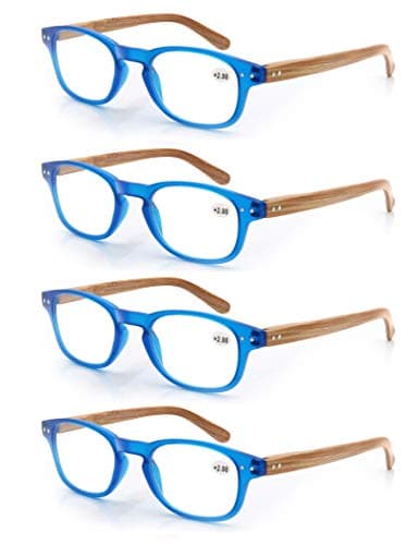 MODFANS 4 Pack Reading Glasses 1.0 Fashion Wood-Look Spring Hinges Stylish Readers Men Women Blue