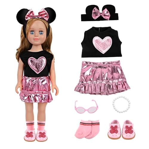 MSYO 7Pcs Cartoon Mouse‑Ear Party Doll Outfit Fits 18 Inch Girl Doll Shiny Metallic Pink Heart Ruffle Skirt Fashion Dress‑Up Set Age 3+ NO Doll