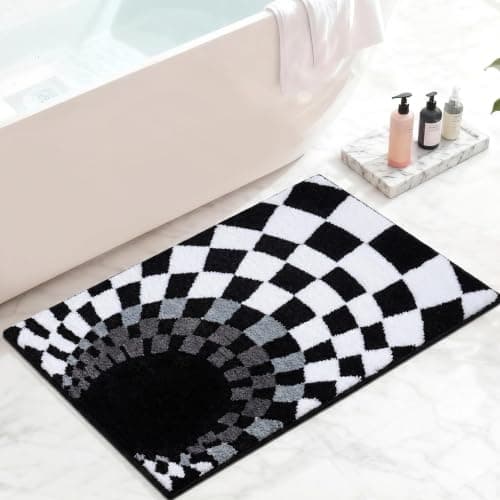 Cevolyn Non Slip Tufted Checkered Bath Mat, Cute Funky Microfiber Absorbent