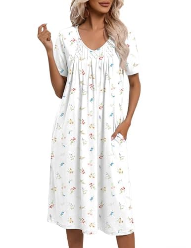 Ekouaer Womens Nightgown Short Sleeve Lounge Dress Mid length Night Gowns Night Shirts Floral Mumu Dress