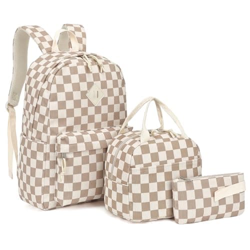 Dezcrab School Backpack for Girls - Girls Backpack with Lunch Box Pencil Case for Teen Kids Elementary Middle Bookbag (Corduroy Checkered Brown)