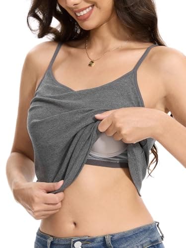 Orrpally Women Ribbed Tank Top Built in Bra Camisole Adjustable Spaghetti Strap Tank Top Charcoal Heather S