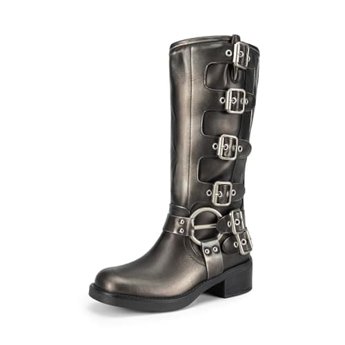 DREAM PAIRS Women's Knee High Riding Boots Side Zipper Motorcycle Boots Square Toe Chunky Heel Fashion Buckles Biker Boots,Size 7,Silver,SDKB2416W