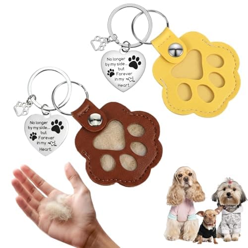 Nogeqi 2PCS Pet Hair Keychain, Handmade Pet Fur Keepsake Key Chain Cat Paw Shaped, No Longer by My Side but Forever in My Heart Cat Dog Memorial Gifts for Pets Hair Collecting (Brown, Yellow)