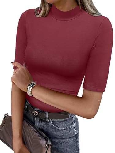 ANRABESS Women Tops Mock Neck 1/2 Short Sleeve Slim Fit Basic Tee Shirts Dressy Work Business 2026 Summer Fall Casual Outfits Burgundy Large