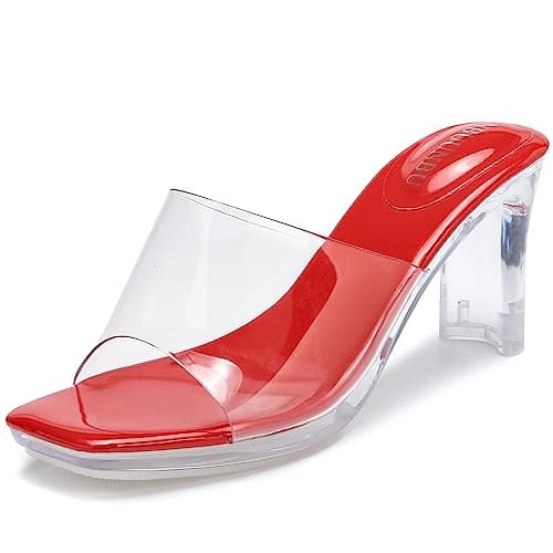 NBUUNBU Chunky Heels for Women Clear Platform Heels Sexy Block High Heels Sandals Square Toe Open Toe Transparent Strap Comfortable Dress Shoes Slip on Mules