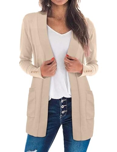 LOMON Cardigans for Women Trendy Lightweight Long Sleeve Open Front Sweaters Solid Color Beige S