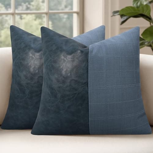 cygnus Blue Leather and Check Linen Pillow Covers 18x18