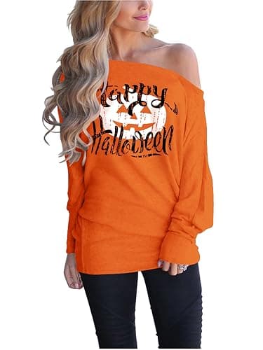 Lacozy Womens Graphic Halloween Sweatshirts Off The Shoulder Tops Long Sleeve Oversized Shirts Fall Pumpkin Orange S