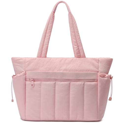 Tote Bag for Women, Lightweight Puffer Tote Bag with Compartments, Quilted Shoulder Bag Handbag with Zipper for Work Pink