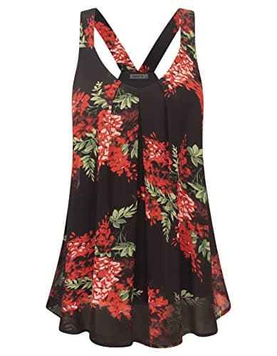 MOQIVGI Tank Top Blouses for Women V Neck Dressy Sexy Casual Sleeveless Shirts Floral Print Loose Fit Trendy Chiffon Cami Tops Black XX-Large